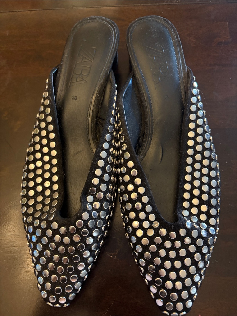Zara Black Studded Pointed Mule Flats